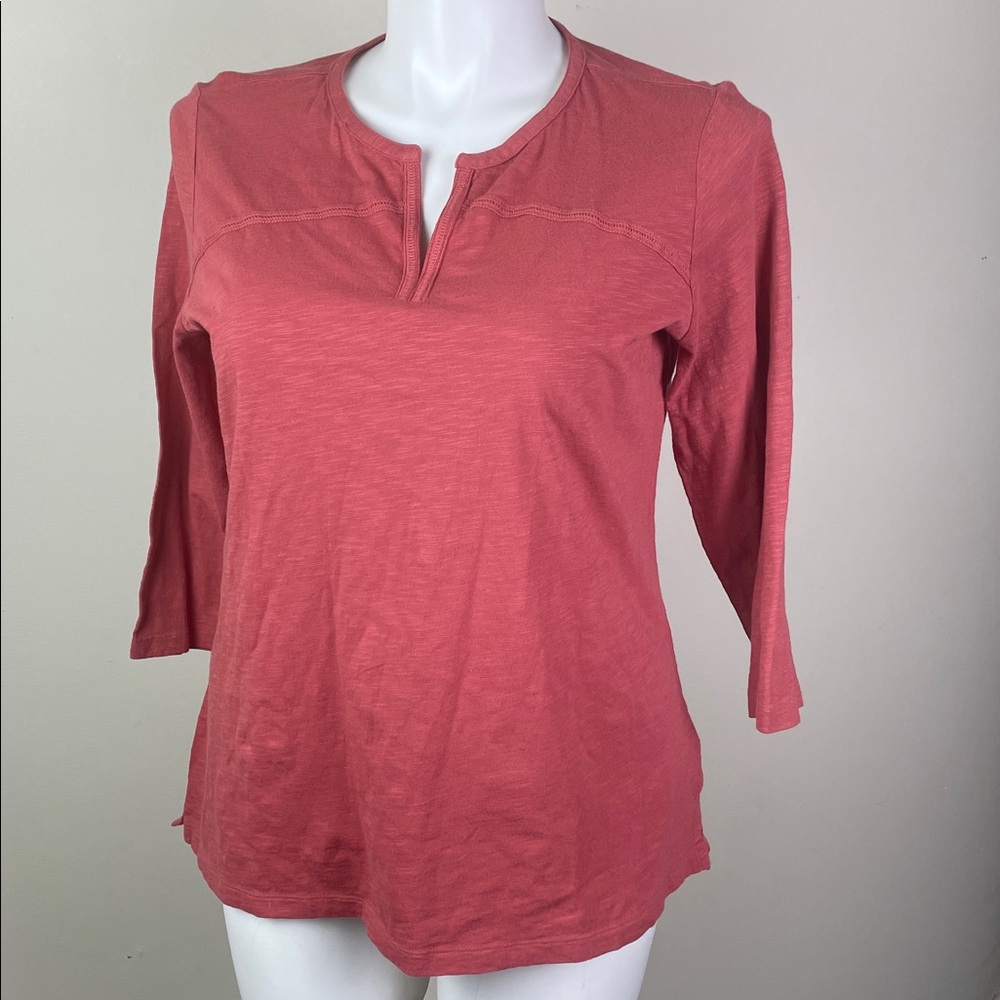 L.L. Bean Women's Rust Red Split-Neck 3/4 Sleeve Top - Picture 3 of 8